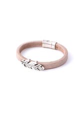 Khaki Italian Leather Station Bracelet with Pewter Feather Accent