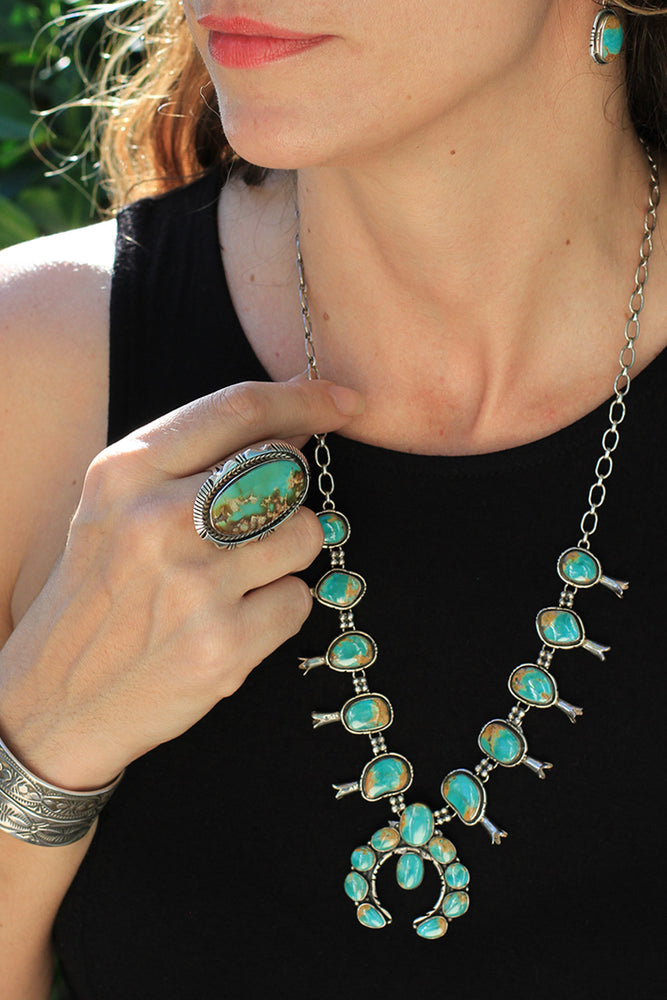 
                
                    Load image into Gallery viewer, Royston Turquoise Squash Blossom Necklace with Earrings
                
            