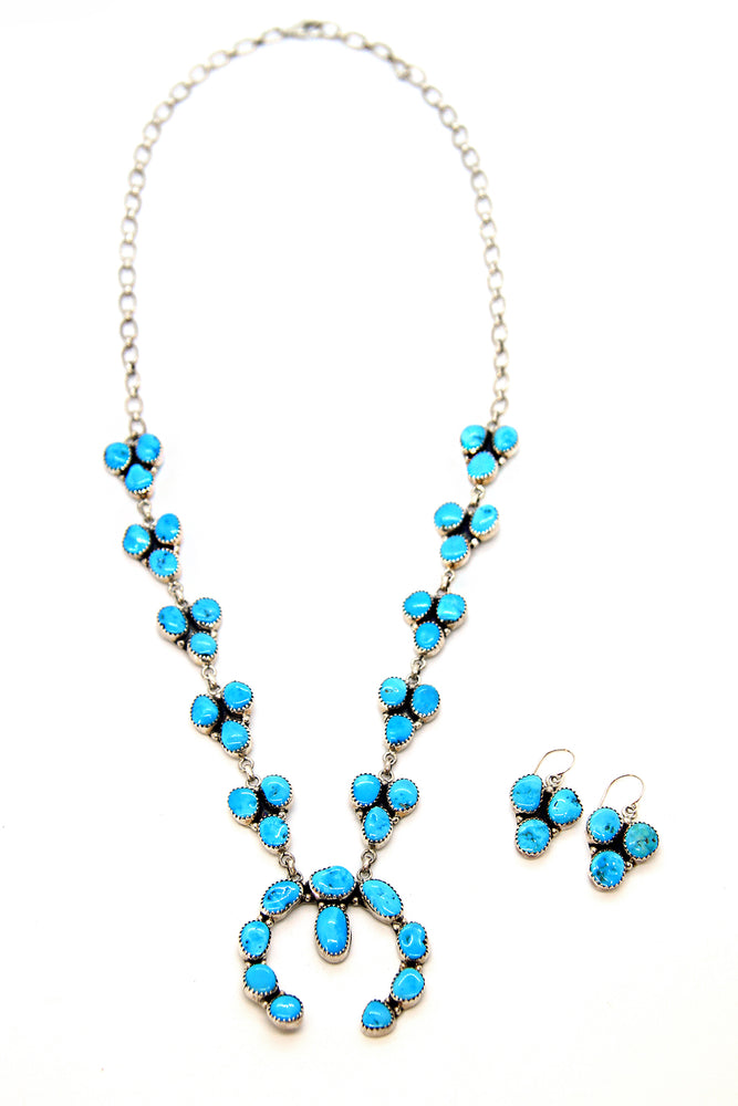 Kingman Turquoise Squash Blossom Necklace with Earrings