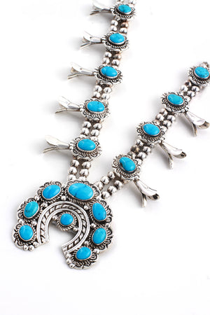 Navajo Brilliant Blue Turquoise Squash Blossom Necklace
