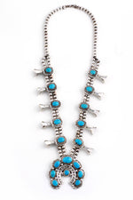 Navajo Brilliant Blue Turquoise Squash Blossom Necklace