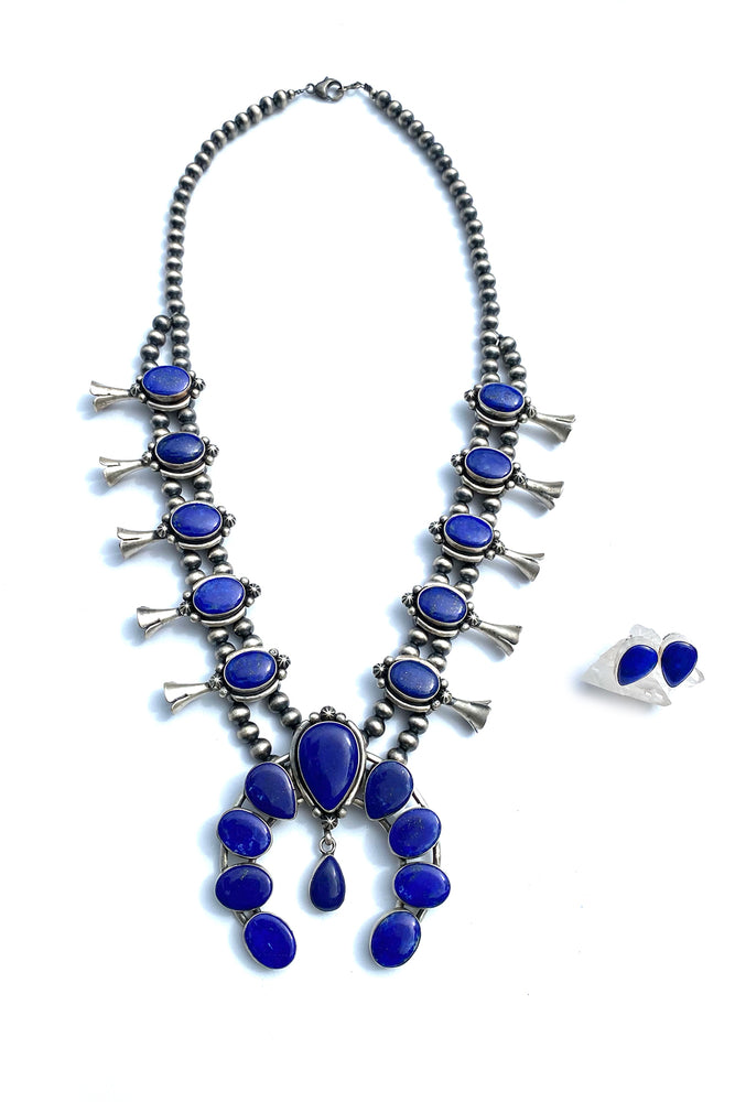 
                
                    Load image into Gallery viewer, Bea Tom Lapis Lazuli Squash Blossom Necklace with Earrings
                
            
