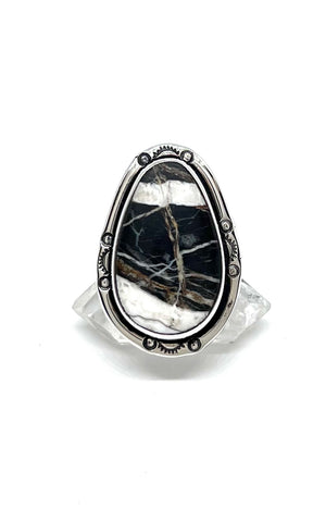 
                
                    Load image into Gallery viewer, Terry Wood Tear Drop White Buffalo Ring (Size 9)
                
            