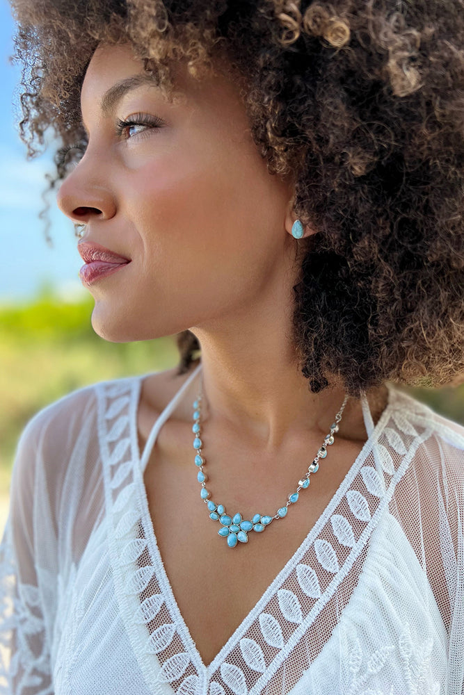 Delicate Natural Larimar and Sterling Silver Flower Necklace