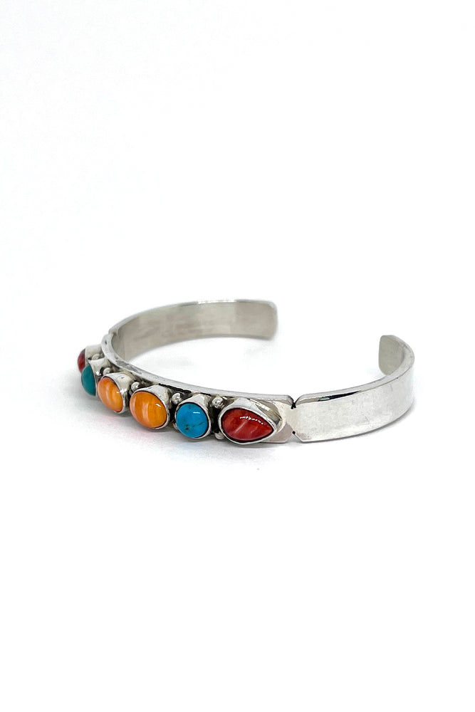 
                
                    Load image into Gallery viewer, Navajo Multi-Stone Sterling Silver Row Cuff Bracelet
                
            
