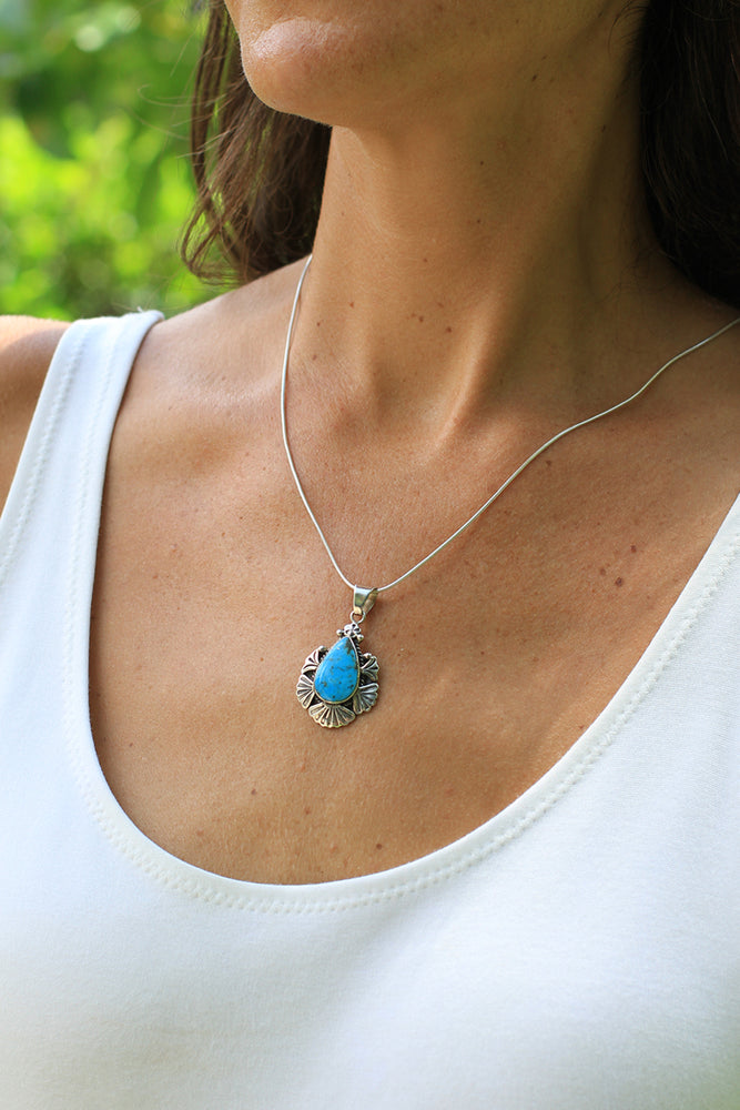 
                
                    Load image into Gallery viewer, Morenci Turquoise Teardrop Stamped Pendant
                
            