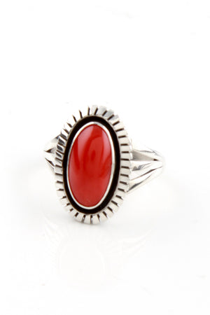 
                
                    Load image into Gallery viewer, Navajo Lonnie Willie Mediterranean Red Coral Ring (Size 8)
                
            