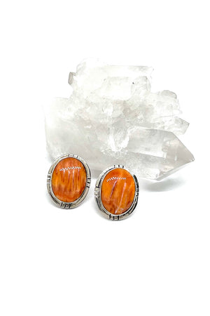 Navajo Orange Spiny Shell Sterling Silver Oval Post Earrings
