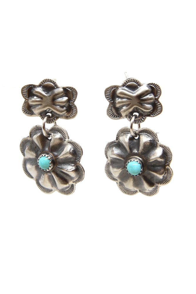 Oxidized Sterling Silver Turquoise Repousse Flower Earrings