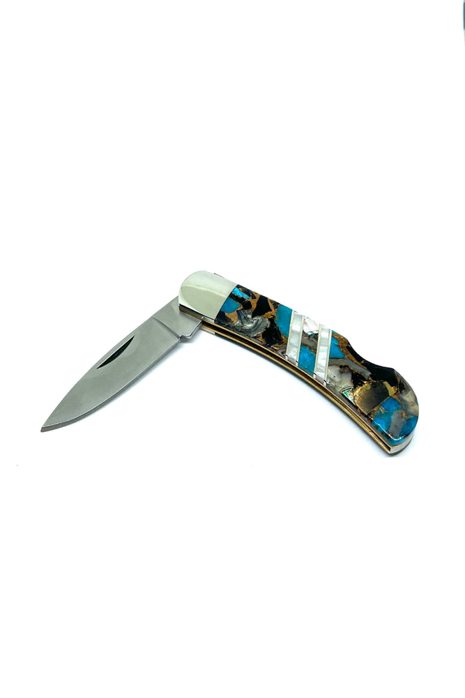 
                
                    Load image into Gallery viewer, Kingman Turquoise, Abalone Shell, and Obsidian Bronze Knife
                
            