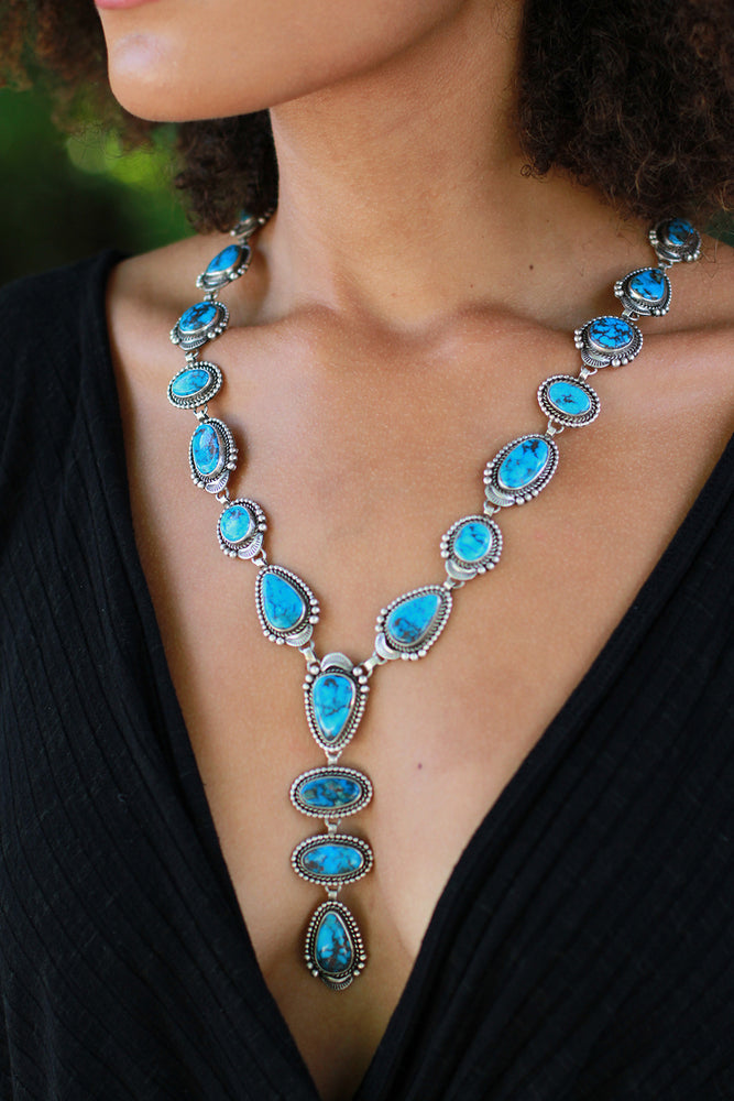 
                
                    Load image into Gallery viewer, Navajo Etta Endito Egyptian Turquoise Lariat Necklace
                
            