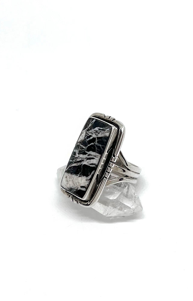 Terry Wood Rectangular White Buffalo Ring (Size 6 1/2)