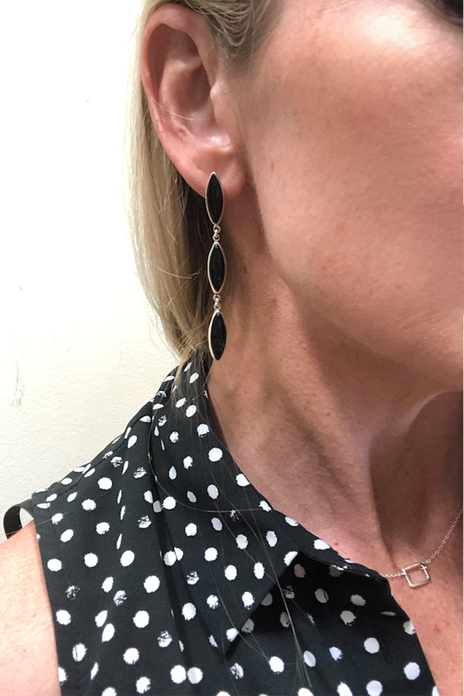 Triple Stone Long Onyx Post Earrings