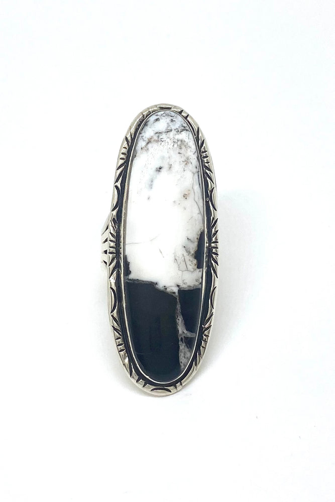 
                
                    Load image into Gallery viewer, Long Oval Navajo White Buffalo Turquoise Ring (Size 9.25)
                
            