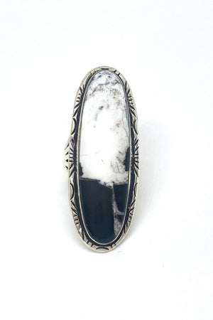 Long Oval Navajo White Buffalo Turquoise Ring (Size 9.25)