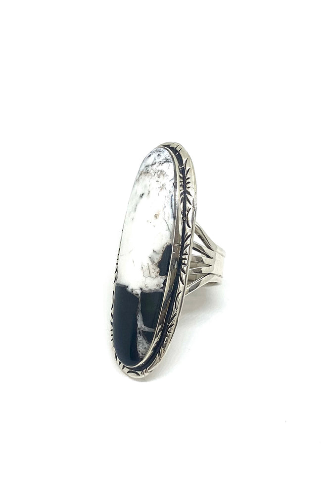 
                
                    Load image into Gallery viewer, Long Oval Navajo White Buffalo Turquoise Ring (Size 9.25)
                
            
