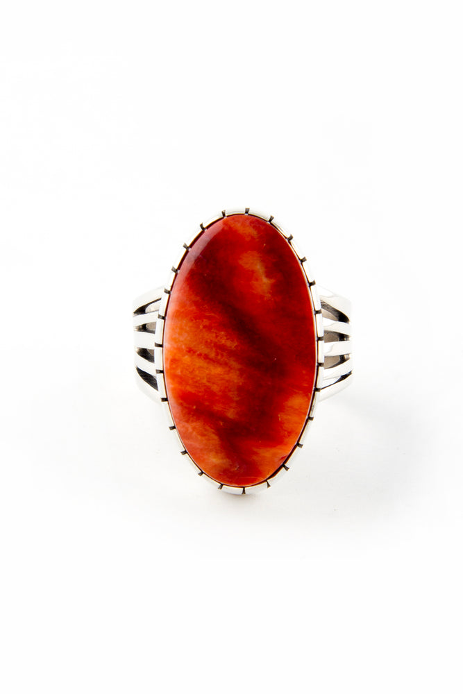 Orange Spiny Shell and Sterling Silver Oval Ring (Size 7 ¾)