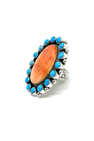 
                
                    Load image into Gallery viewer, Navajo Orange Spiny Shell and Turquoise Statement Ring (Size 11)
                
            