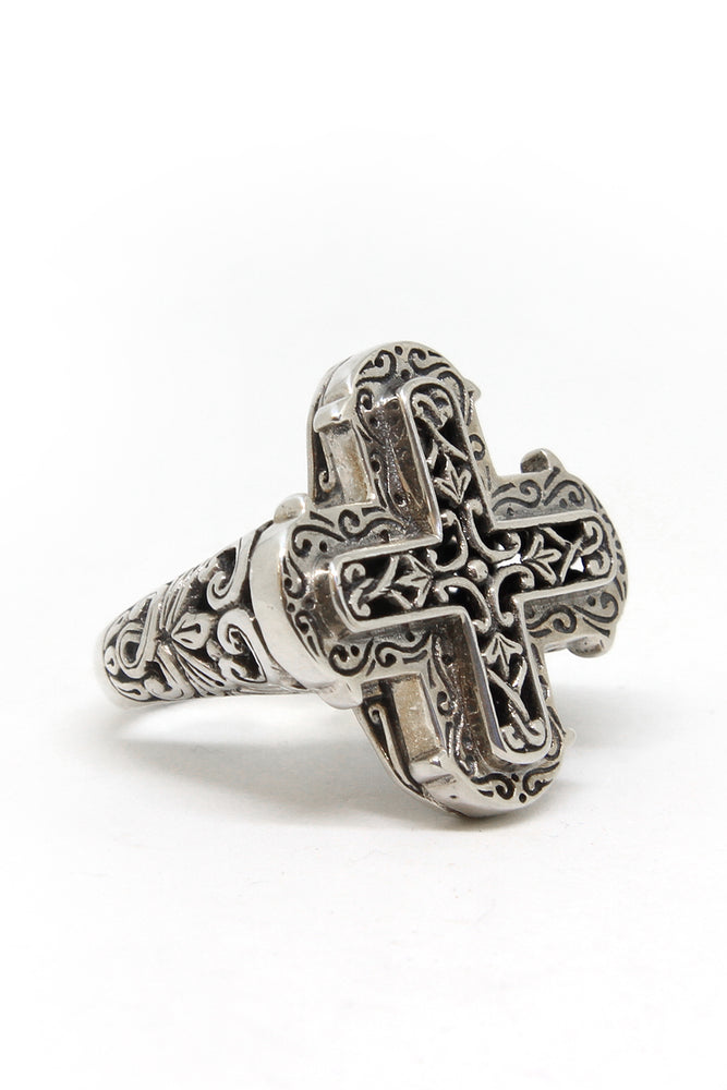 Sterling silver cross ring angled view
