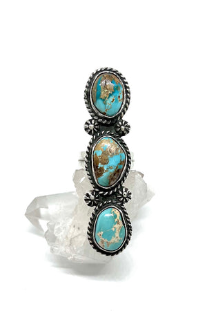 
                
                    Load image into Gallery viewer, Robert Yellowhorse Triple Stone Long Green Turquoise Ring (Size 7 1/2)
                
            