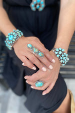Robert Yellowhorse Triple Stone Long Green Turquoise Ring (Size 7 1/2)