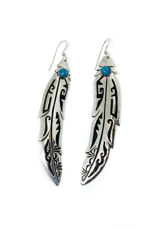 Long Turquoise and Sterling Silver Feather Earrings
