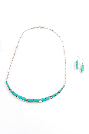 Blue Green Turquoise Women’s Inlay Earrings and Necklace Set