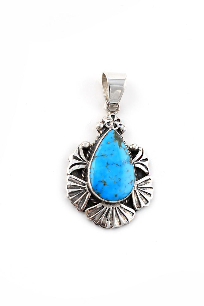 Morenci Turquoise Teardrop Stamped Pendant – Silver Eagle Gallery