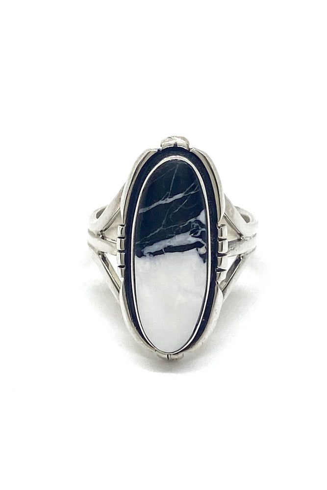 
                
                    Load image into Gallery viewer, Oval White Buffalo Turquoise Ring (Size 8)
                
            